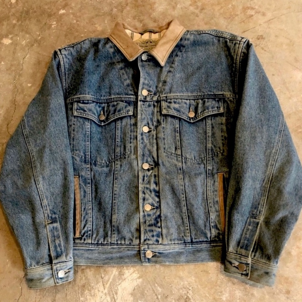 Denim jacket with genuine leather collar, blanket lined for Fall days ahead.